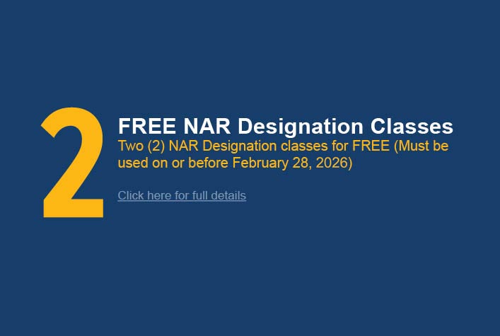 2 FREE NAR Designation Classes. Two (2) NAR Designation classes for FREE (Must be used on or before February 28, 2025)
