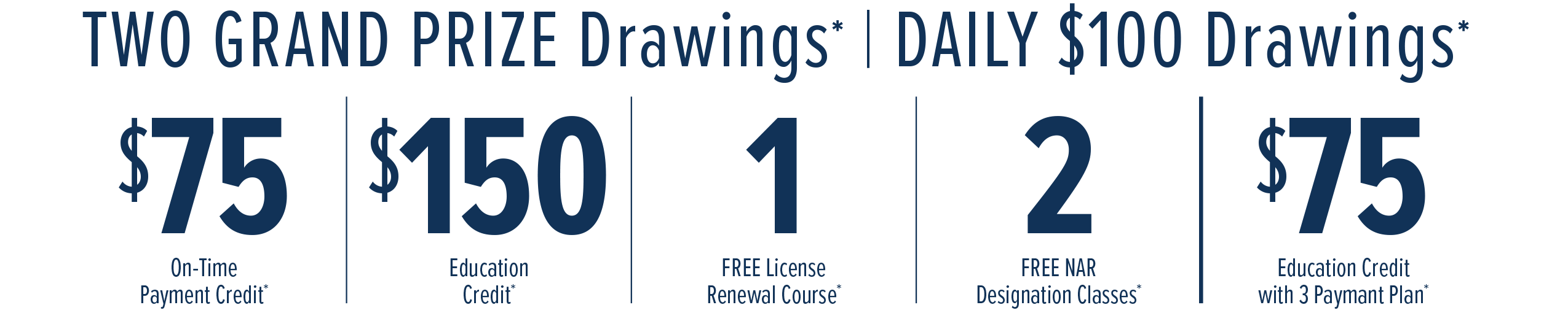Renew Today. Pay in FULL by June 10 to SAVE MORE! TWO GRAND PRIZE Drawings, DAILY $100 Drawings, $75 On-Time Payment Credit, $150 Education Credit, 1 FREE License Renewal Course, 2 FREE NAR Designation Classes, $75 Education Credit with 3 Paymant Plan